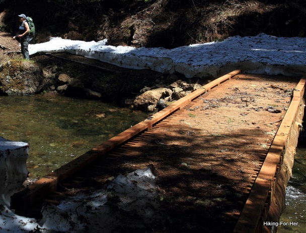 Female hiker and wooden bridge across a stream