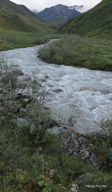 Fast flowing milky white river running off from steep mountains through a green and lush valley Fast flowing milky white river running off from steep mountains through a green and lush valley