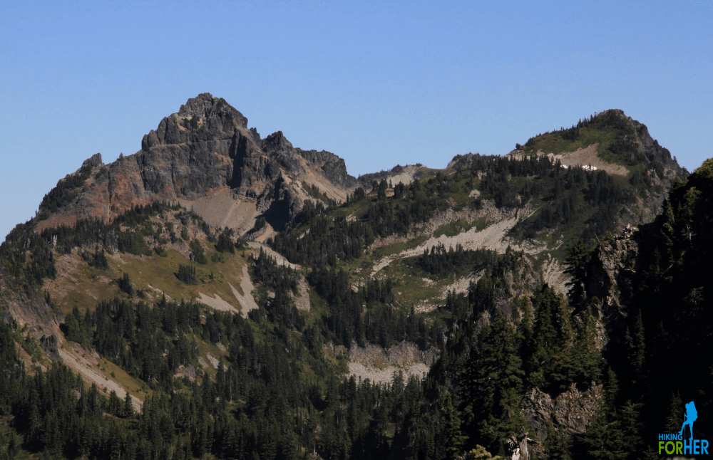 Pinnacle Peak and Plummer Peak in Mount Rainier National Park as seen from Eagle Peak Pinnacle Peak and Plummer Peak in Mount Rainier National Park as seen from Eagle Peak