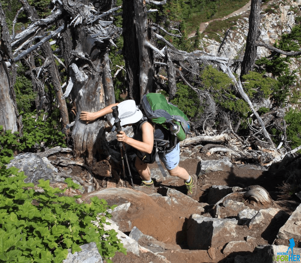 Female hiker with backpack and trekking poles climbing up steep trail Female hiker with backpack and trekking poles climbing up steep trail