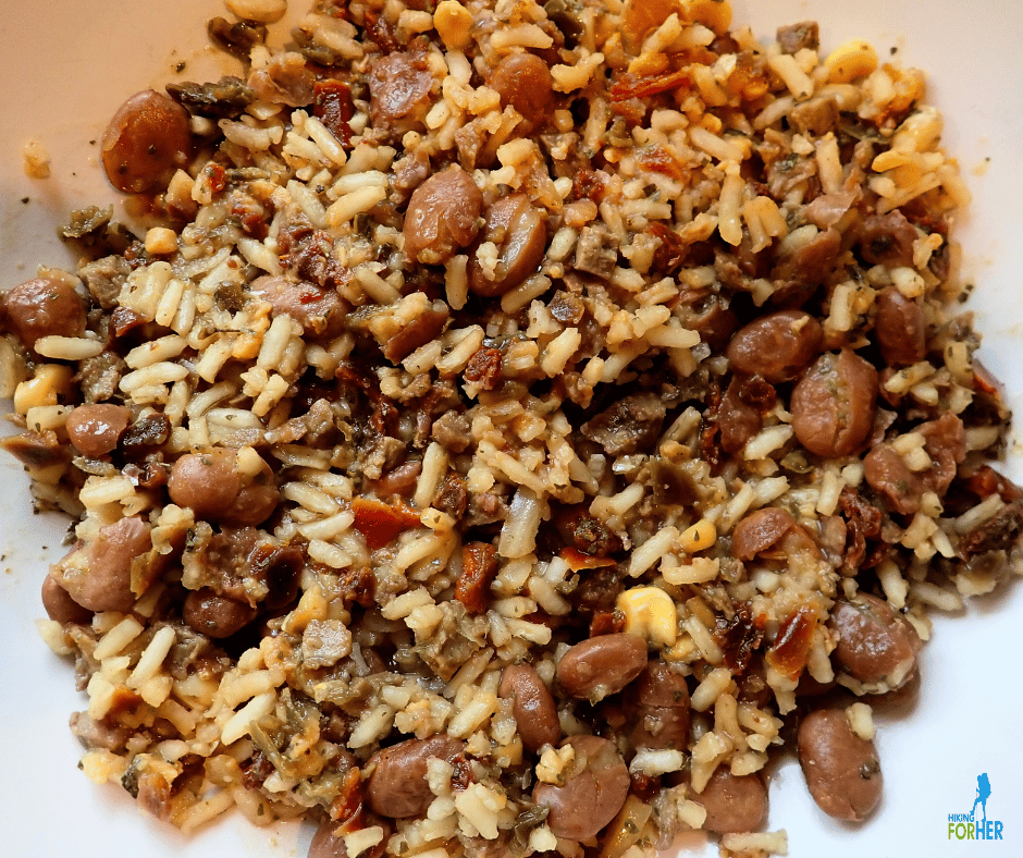 plump beans and rice in a hydrated backpacking meal