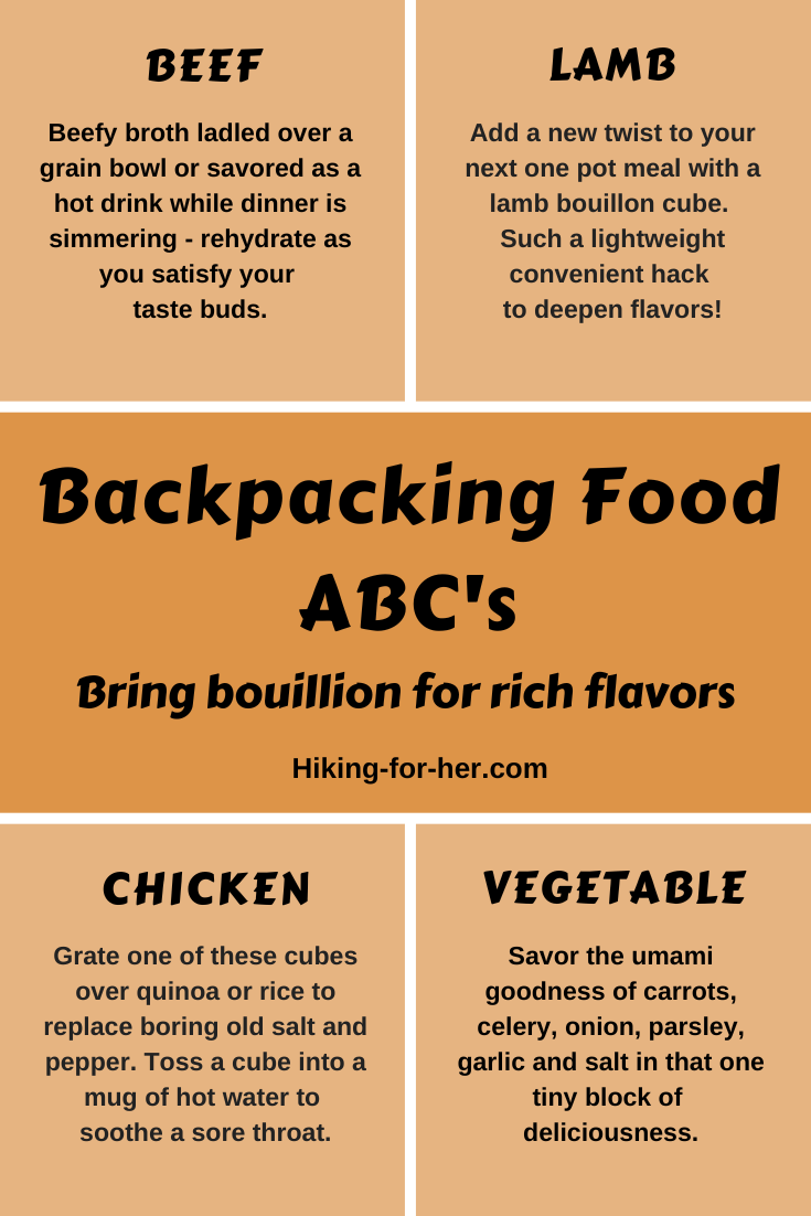 Backpacking food needs a flavor punch that's cheap, easy and lightweight. Hiking For Her has some recommendations! #backpacking #backpackingfood #hikinginfographic #hikingforher