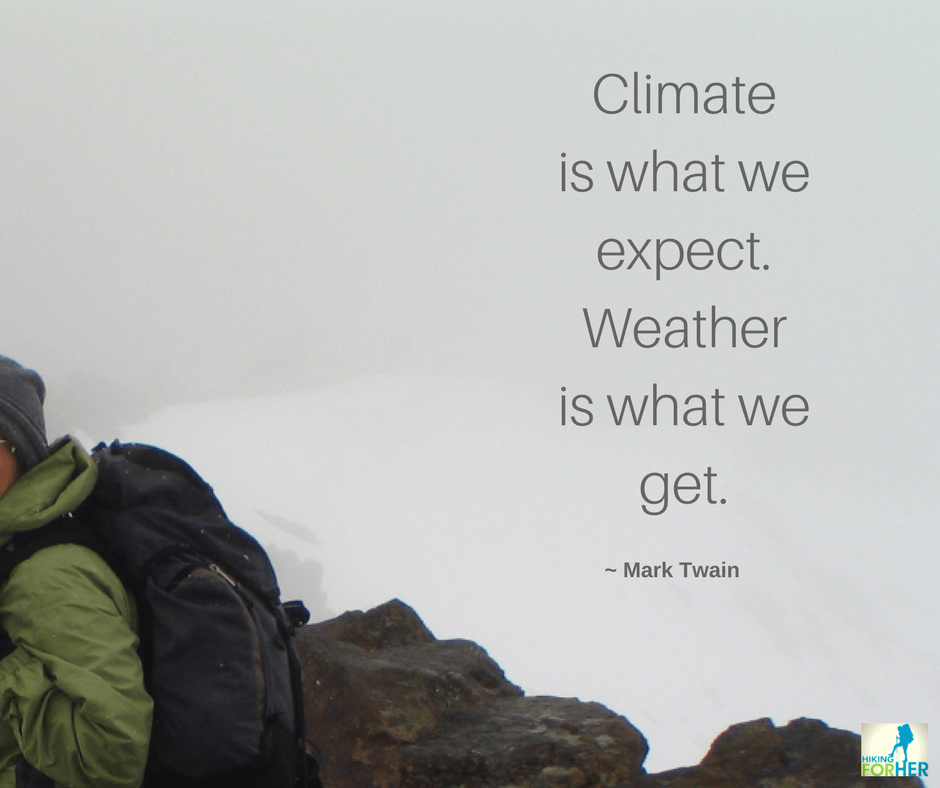 Backpack on hiker's back in whiteout conditions with this quote by Mark Twain:"Climate is what we expect. Weather is what we get."