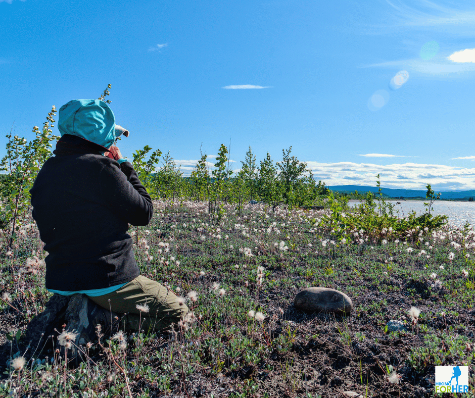 female hiker kneeling in arctic grasses and watching a flowing river pass by