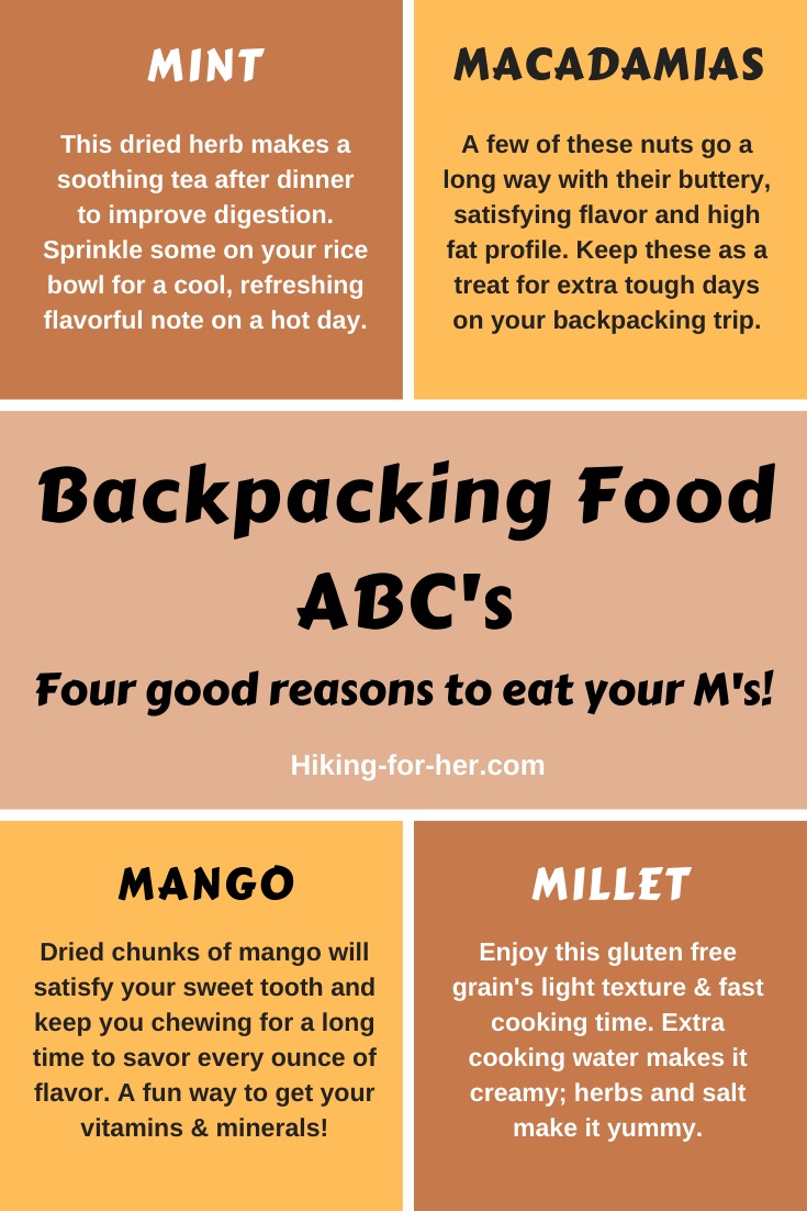 Backpacking food with a mighty flavor profile and nutrients are shared on this infographic from Hiking For Her. #backpackingfood #hikingfood #bestbackpackingmenus #hikingforher