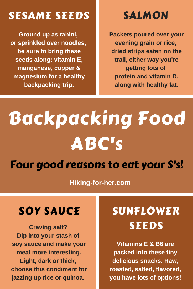 Backpacking food should include good sources of nutrients along with great taste. Hiking For Her shares some tips. #backpackingfood #hikingfood #backpackingmenu #hikingforher