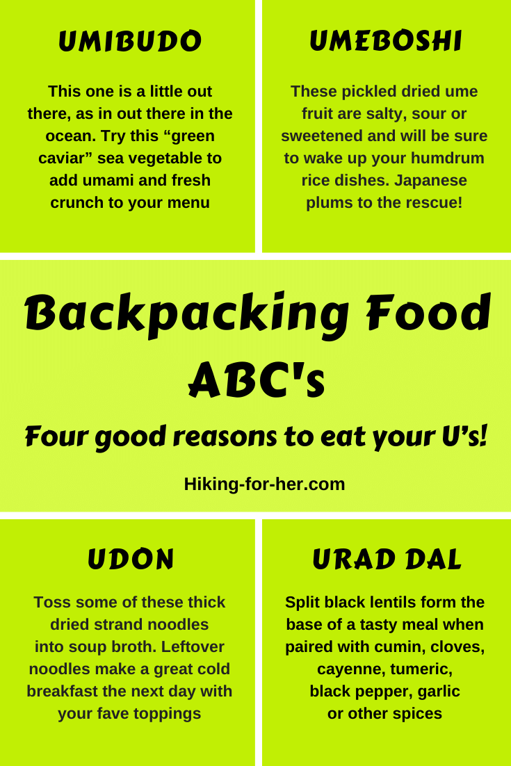Backpacking food suggestions that start with the letter U on an infographic from Hiking For Her