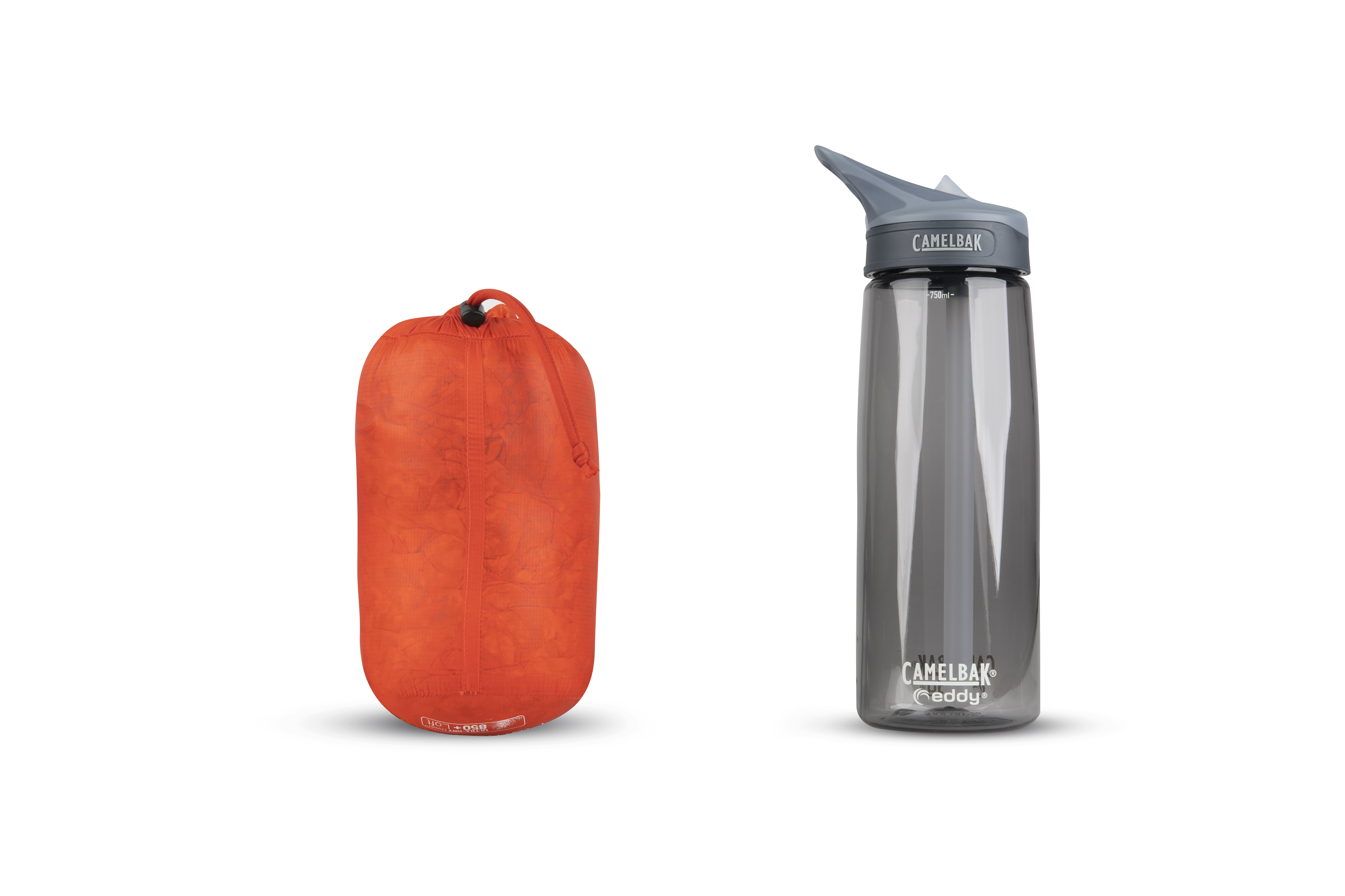 Stuff sack and water bottle size comparison for Sea to Summit Flame women's sleeping bag in stuff sack