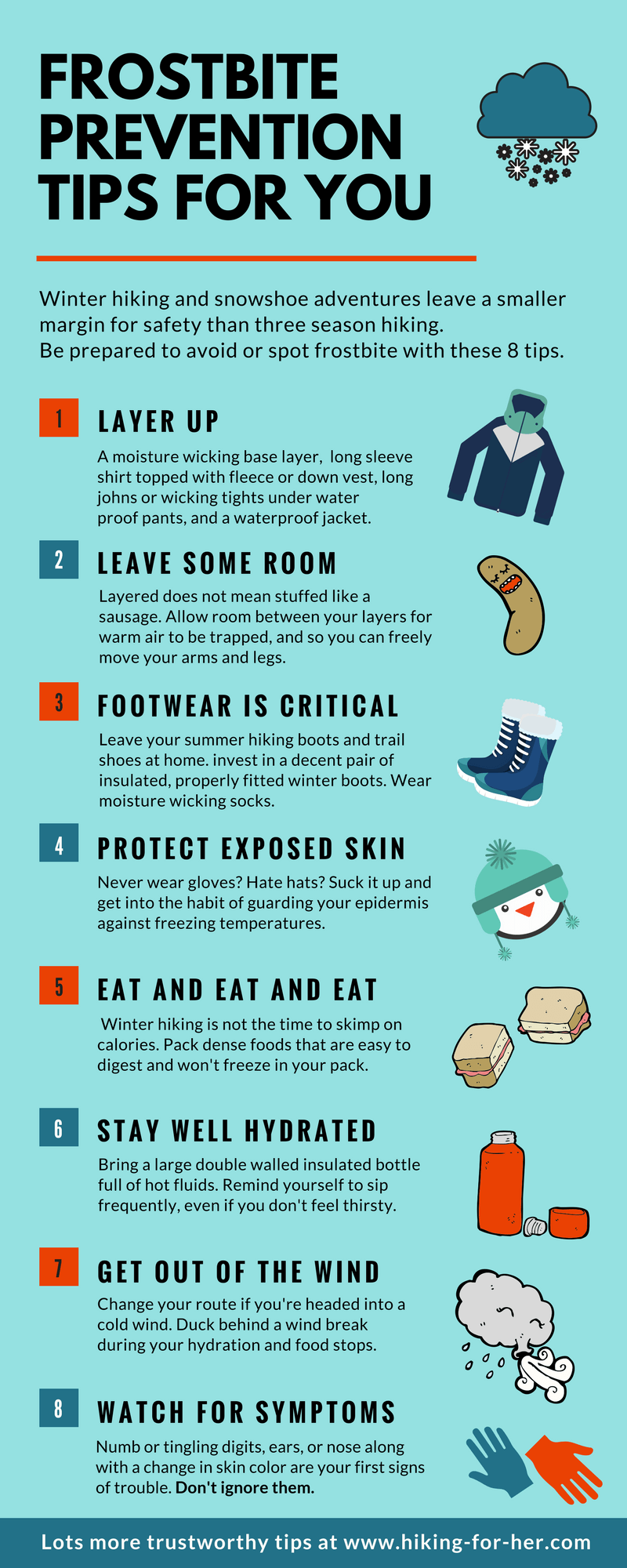 Frostbite prevention tips for hikers in Hiking For Her's infographic #frostbite #preventfrostbite #hikinginfographic #outdoorsafety #coldweatherhiking #hikingtips #backpackingtips #hikingforher