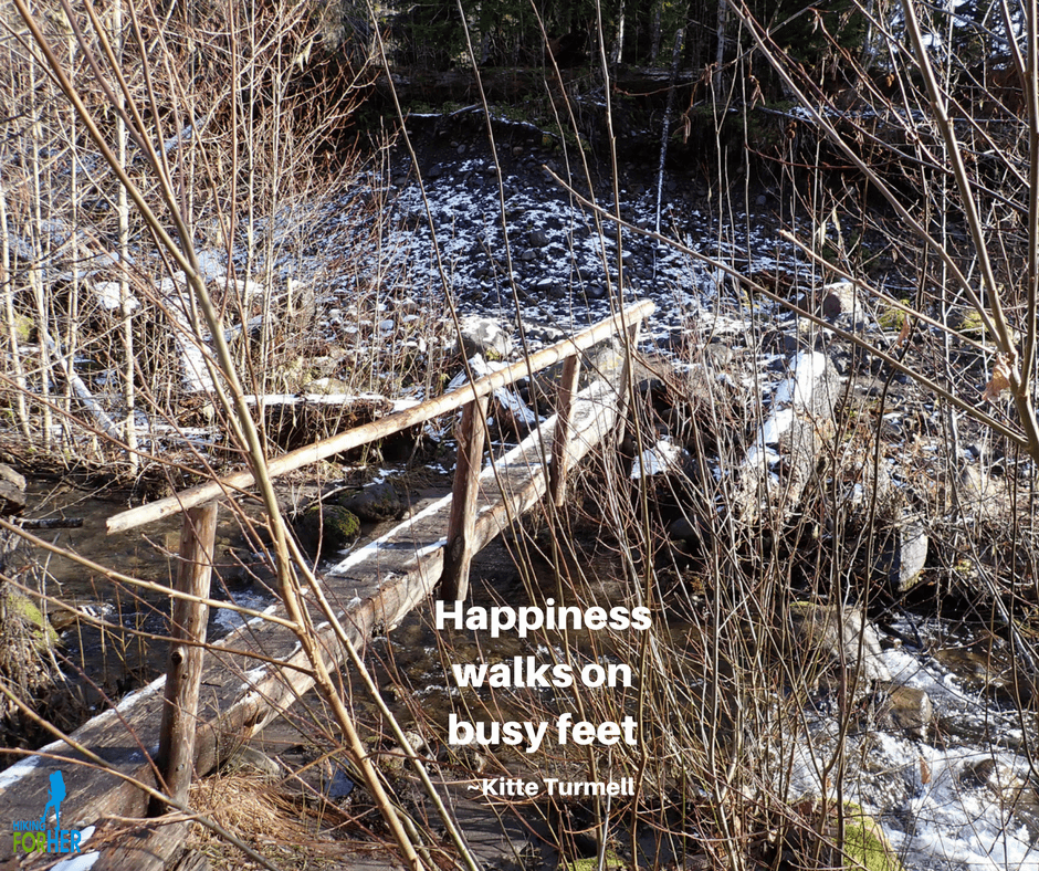Rustic wooden bridge over hiking trail with quote: Happiness walks on busy feet