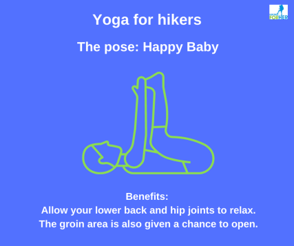 Relieve soreness in your back after a hike with Happy Baby Pose. Hiking For Her describes all the benefits of yoga for hikers #yogaforhikers #hikingforher