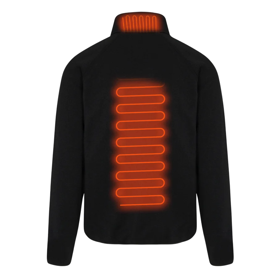 Back of Weston black long sleeve fleece heated hiking jacket with heating circuits in view