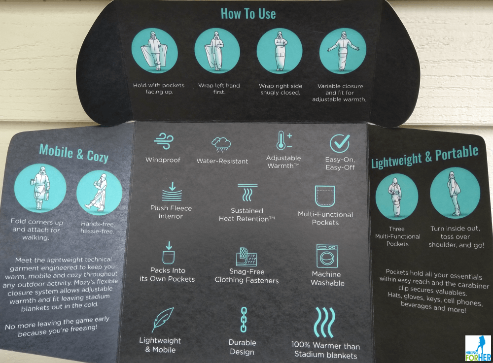 Inner lid of Mozy box explaining all the ways to use this adjustable blanket