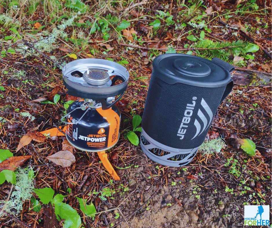 Jetboil MicroMo backpacking cooking system showing canister fuel stove and 2 liter cook pot side by side