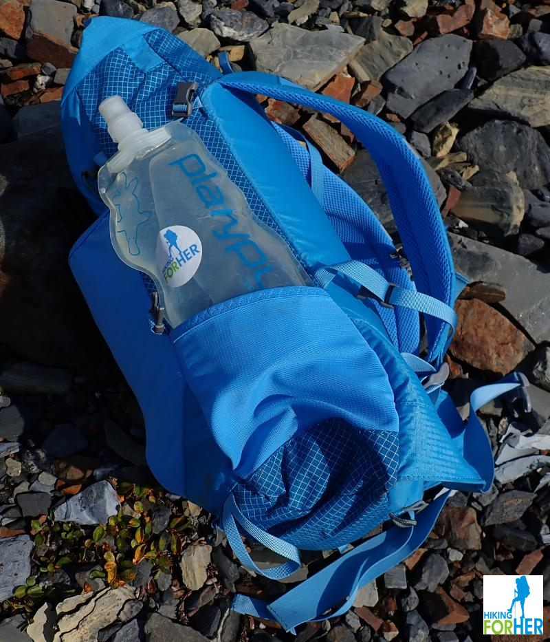 Soft sided hiking water bottle in side pocket of backpack Soft sided hiking water bottle in side pocket of backpack