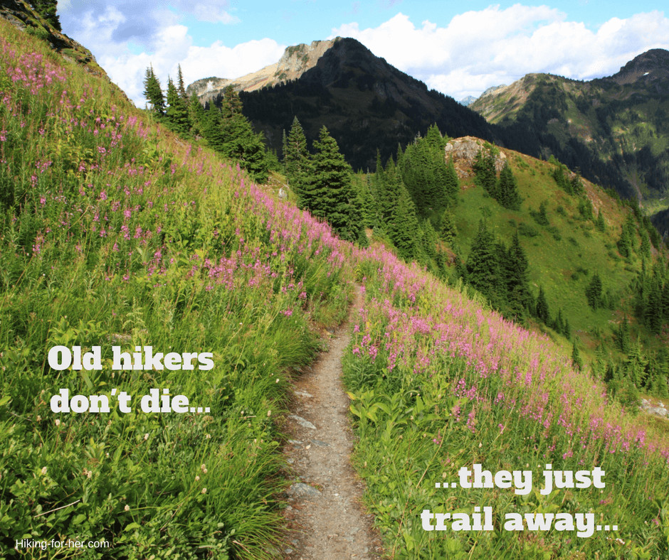 Hiking For Her quote: Old hikers don't die, they just trail away with a hiking trail and blooming wildflowers in background