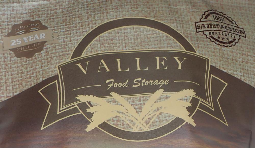Valley Food Storage logo on a freeze dried backpacking food package Valley Food Storage logo on a freeze dried backpacking food package