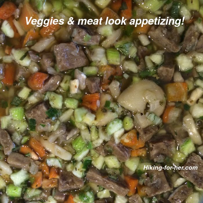 Rehydrated meat and vegetables make an appetizing backpacking meal when you're hungry Rehydrated meat and vegetables make an appetizing backpacking meal when you're hungry