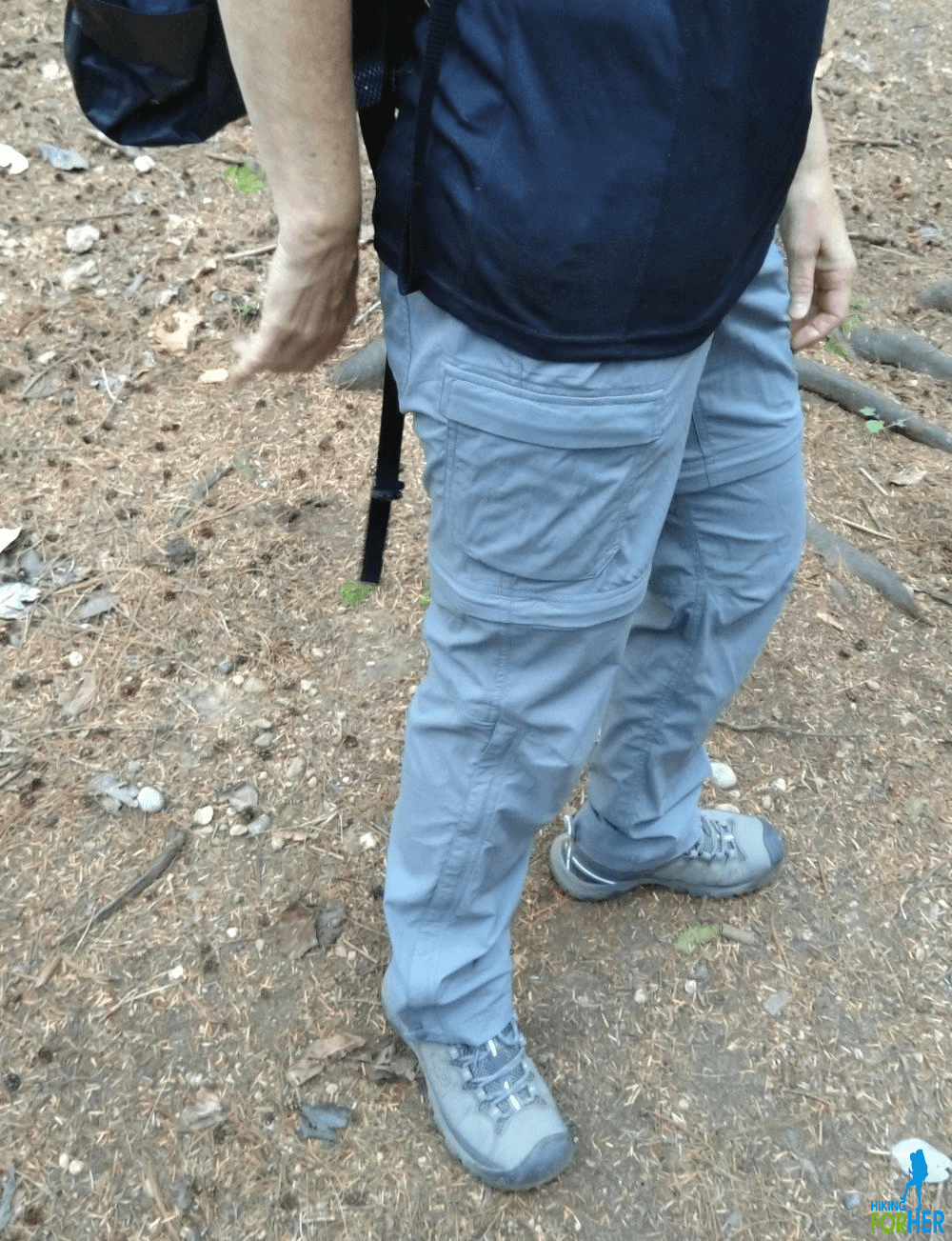 Women's hiking pants with zip off legs and large pockets on front of thigh