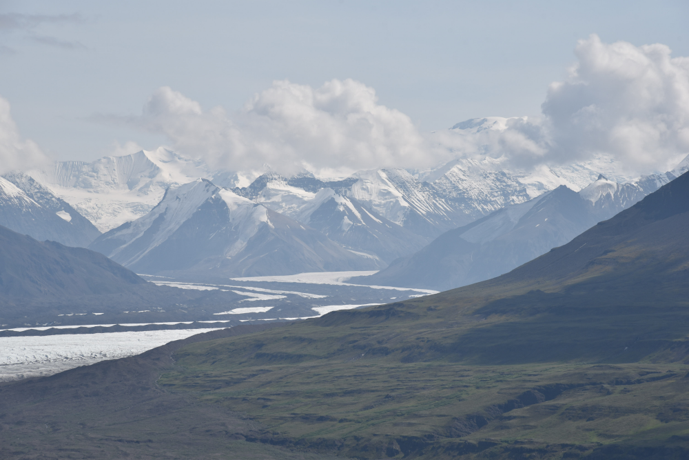 Russell Glacier with snow capped mountains in the background, Skolai, Wrangell St Elias in Alaska Russell Glacier with snow capped mountains in the background, Skolai, Wrangell St Elias in Alaska