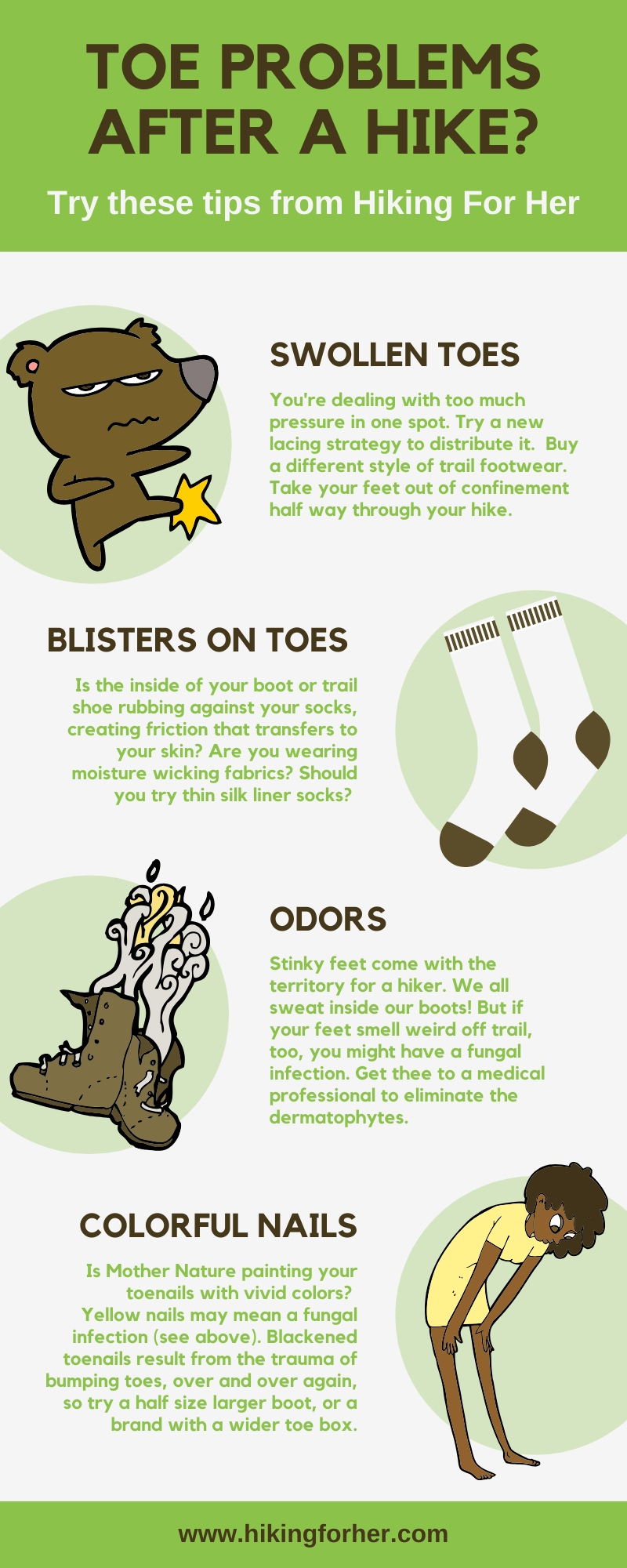 Toe problems after a hike? This Hiking For Her infographic helps with the most common foot problems for hikers. #hikinginfographic #toeproblems #hiking #backpacking #hikingforher