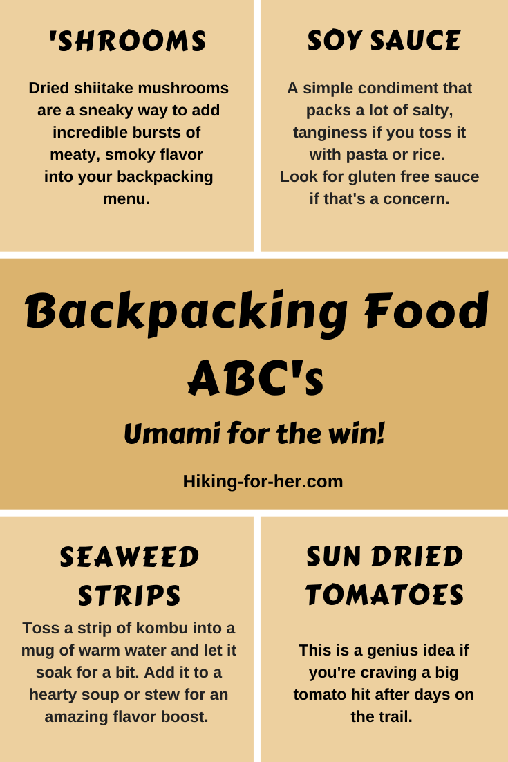 Looking for umami in your backpacking menu? Here are four great ideas in a handy hiking infographic from Hiking For Her. #backpacking #backpackingfood #hikingmenu #hikinginfographic #hikingforher