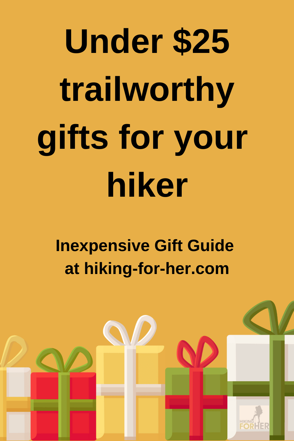 Under $25 trailworthy gift guide for your hiker with graphic of wrapped presents